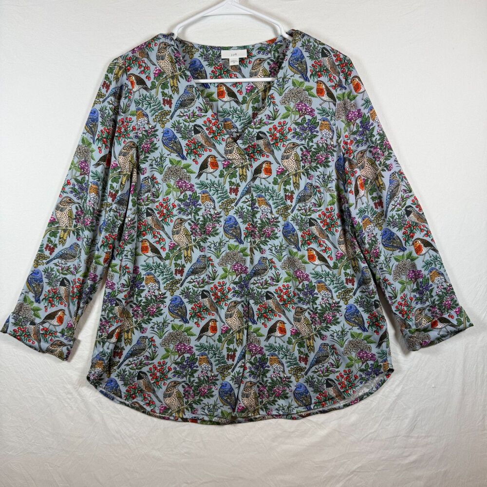 J.Jill Perched Birds Printed Popover Blouse Size XS